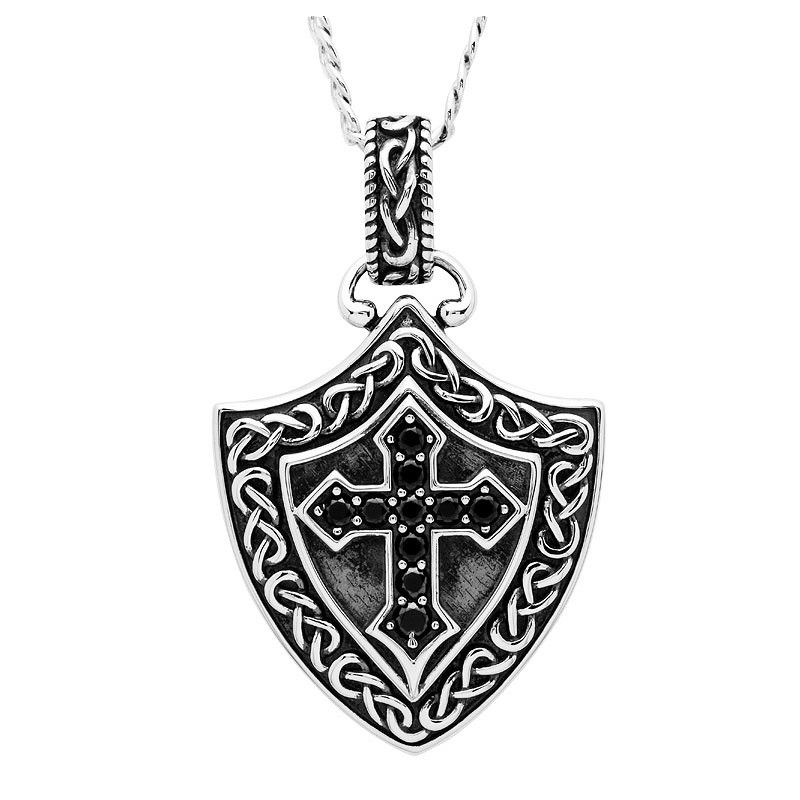 Sterling Gents Black Spinel Shield Pendant Hunter Collection on a 22&quot; Sterling Silver Chain