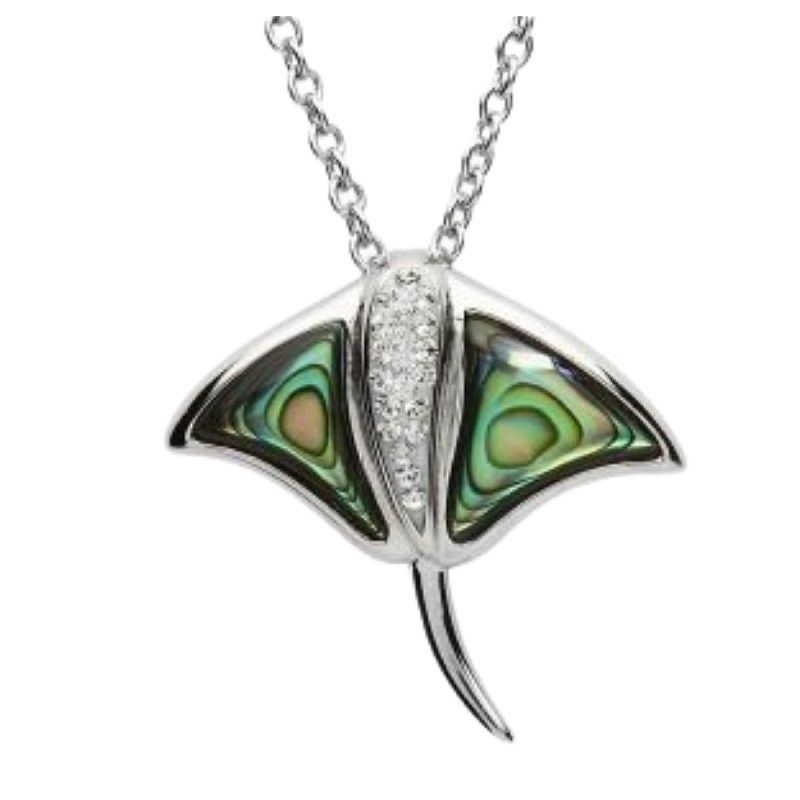 Sterling Silver Ray Necklace with White Crystals and Abalone on a 18&quot; Sterling Silver Chain Disc.
