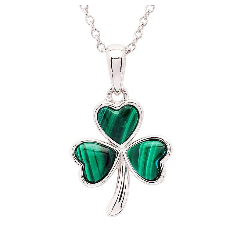 Sterling Silver Shamrock Malachite Pendant on a 18&quot; Sterling Silver Chain