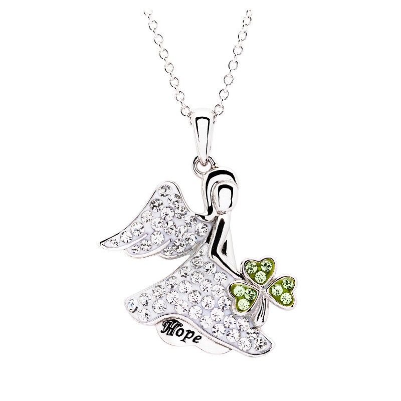 Sterling Silver Swarovski® Crystal Hope Angel Shamrock Pendant on a 18&quot; Sterling Silver Chain