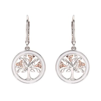 Sterling Silver White Enamel Tree of Life Drop Earrings
