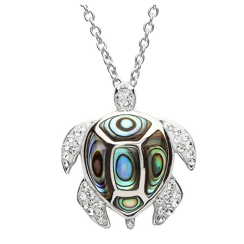 Silver Turtle Necklace with White Crystals and Abalone on a 18&quot; Sterling Silver Chain Disc.