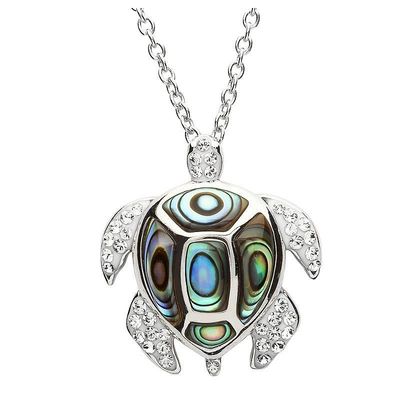 Silver Turtle Necklace with White Crystals and Abalone on a 18&quot; Sterling Silver Chain Disc.