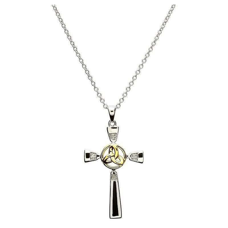 Sterling Silver Celtic Cross with Gold Plate Trinity on a 18&quot; Sterling Silver Chain