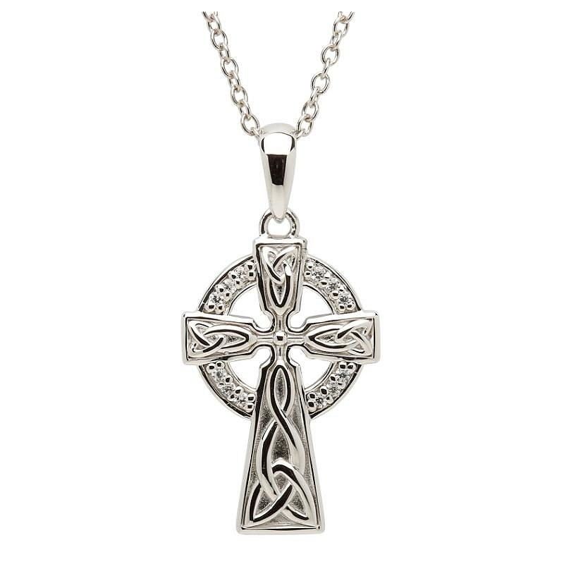 Sterling Silver Celtic Stone Set Trinity Knot Cross on a 18&quot; Sterling Silver Chain