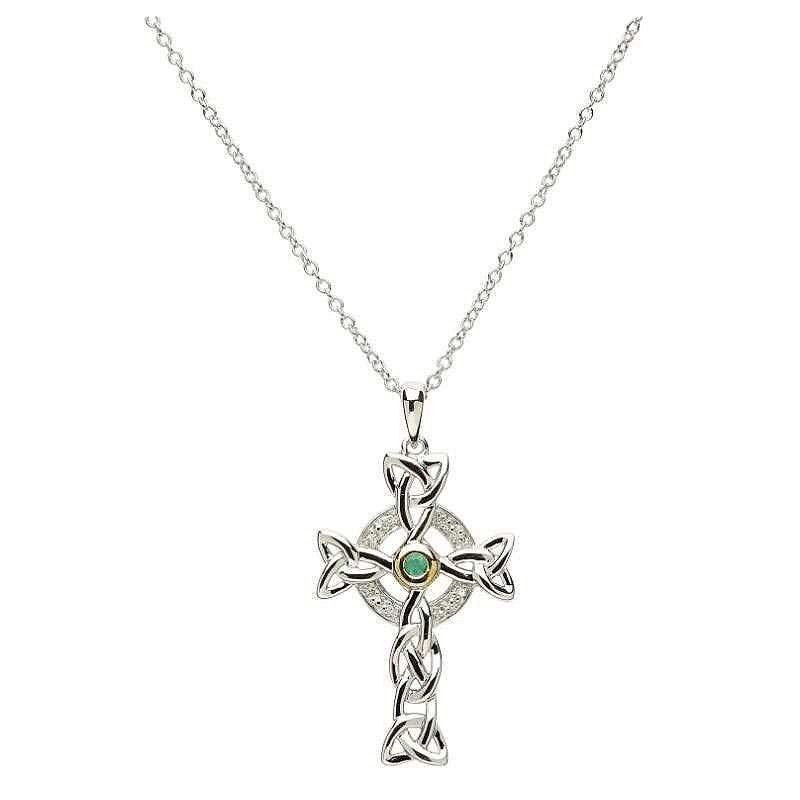 Sterling Silver Celtic Trinity Diamond and Emerald Cross on a 18&quot; Sterling Silver Chain