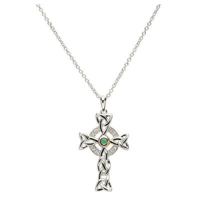 Sterling Silver Celtic Trinity Diamond and Emerald Cross on a 18&quot; Sterling Silver Chain