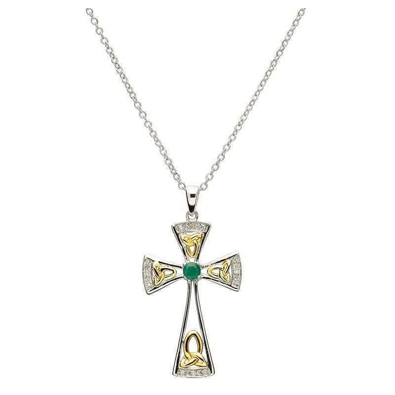 Sterling Silver Celtic Trinity Emerald and Diamond Cross on a 18&quot; Sterling Silver Chain