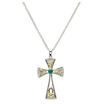 Sterling Silver Celtic Trinity Emerald and Diamond Cross on a 18&quot; Sterling Silver Chain