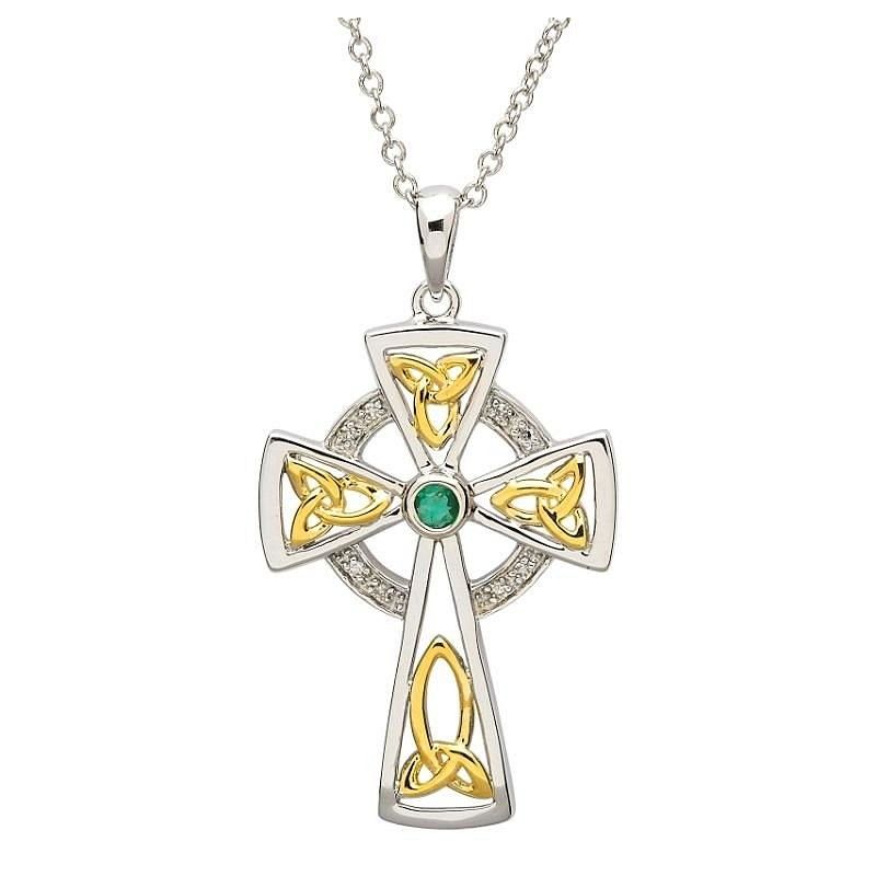 Sterling Silver Celtic Trinity Knot Diamond and Emerald Cross on a 18&quot; Sterling Silver Chain