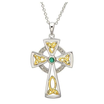 Sterling Silver Celtic Trinity Knot Diamond and Emerald Cross on a 18&quot; Sterling Silver Chain