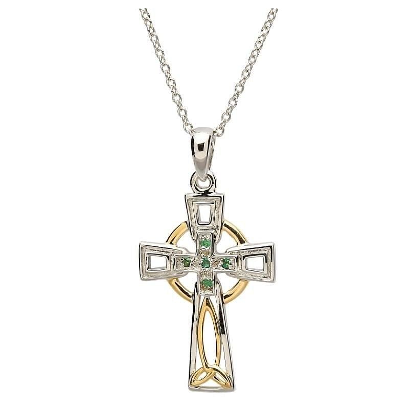 Sterling Silver Celtic Trinity Knot Diamond &amp; Emerald Cross on a 18&quot; Sterling Silver Chain