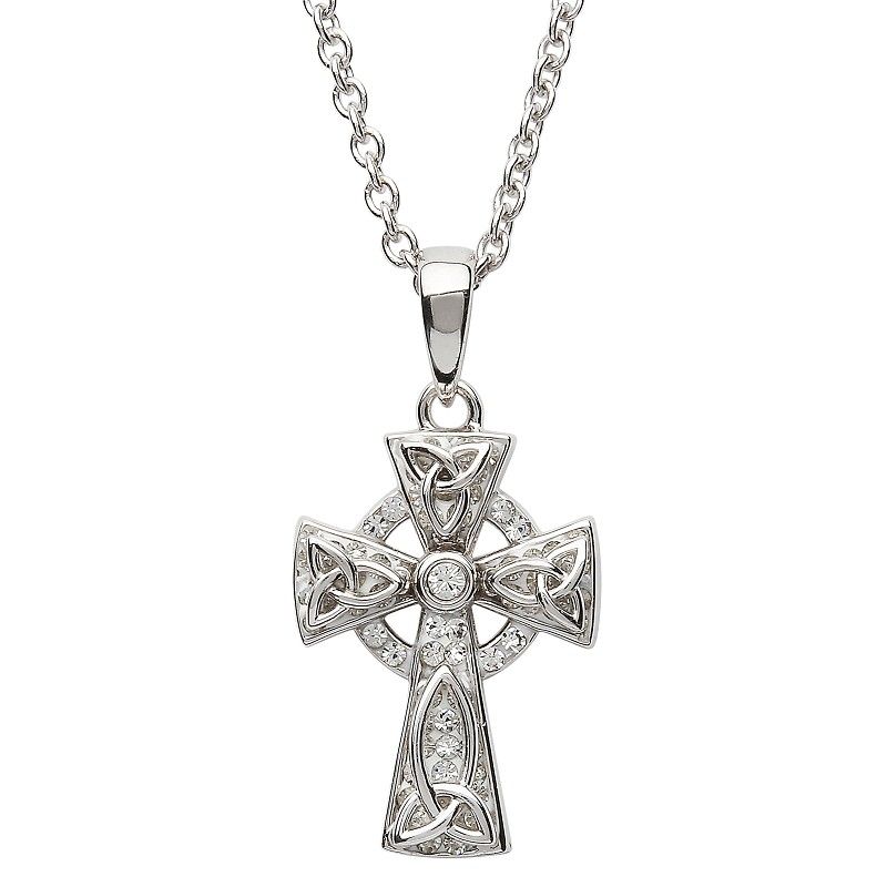Sterling Silver Celtic Trinity Knot Cross Embellished With Swarovski® Crystals on a 18&quot; Sterling Silver Chain