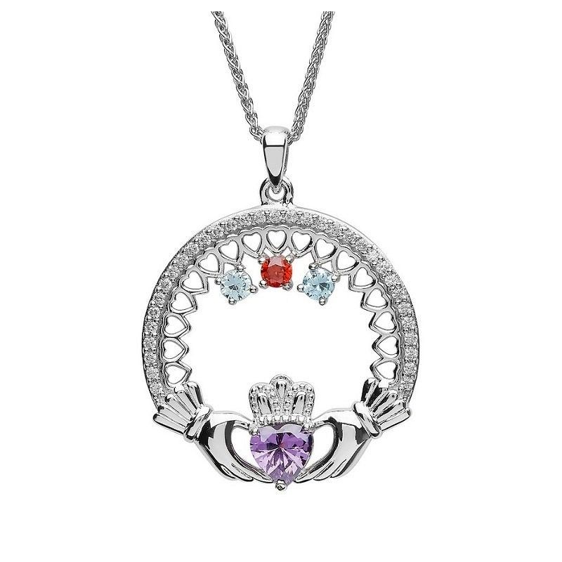 Sterling Silver Mother's Family Birthstone Claddagh Pendant 20"- All Sterling Silver Mother's Family Birthstone Claddagh Pendant 20"- All