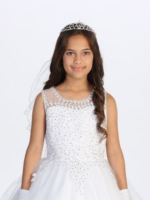 Tiara Veil with Maria Embroidery, White-795