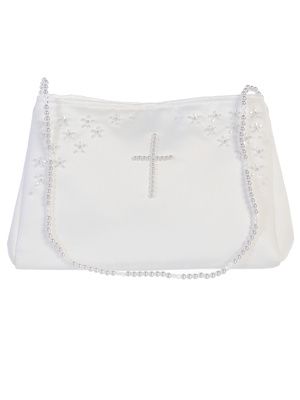 Girls Satin Purse with a Pearl Cross, Bead Accents, and a Pearl and Bead Strap