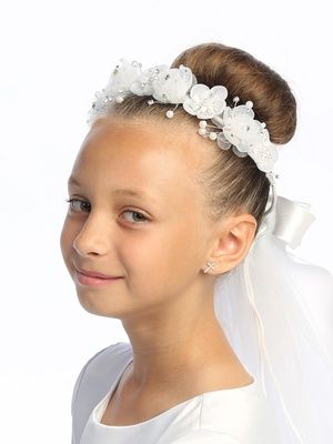 24&quot; Veil - Organza Flowers, Rhinestones &amp; Pearls- T-441