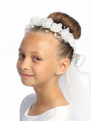 24&quot; Veil - Organza Flowers, Rhinestones &amp; Pearls T-441