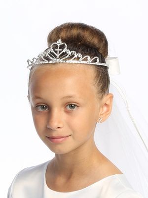 24&quot; Veil on Rhinestone Tiara with Cross- T-82