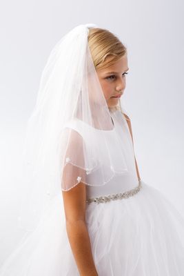 White Girls Veil with Beaded Scallop Edge and Sequin Flowers- 719