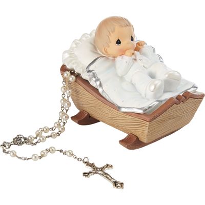 Boy &quot;Cradled In His Love&quot; Rosary Box with Pearl Rosary