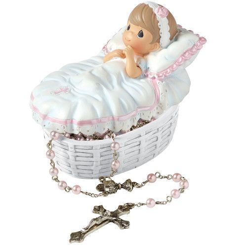 Girl &quot;Baptized In His Name&quot; Resin Box With Pink Baby Rosary