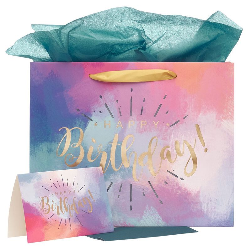 Happy Birthday Multicolored Large Gift Bag Set with Card and Tissue Paper Disc.