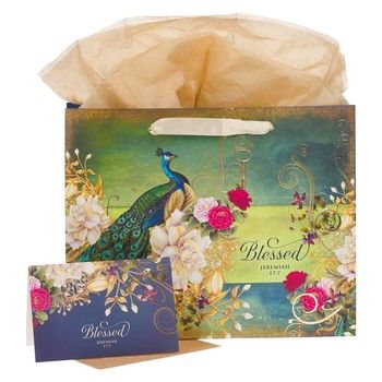 Blessed Blue Peacock Large Landscape Gift Bag with Card Set - Jeremiah 17:7 Disc.