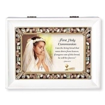 First Holy Communion White Jeweled Music Box First Holy Communion White Jeweled Music Box