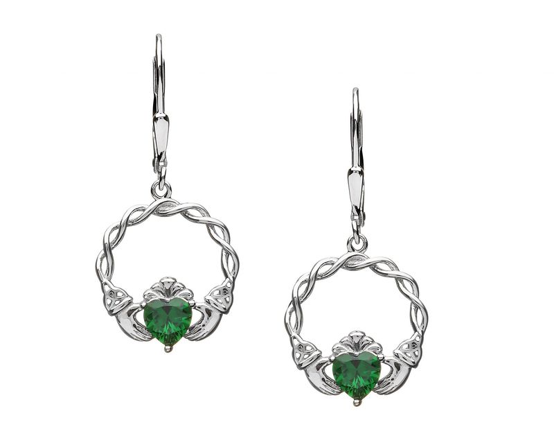 Sterling Silver Claddagh Green CZ Earrings - Drop Fittings
