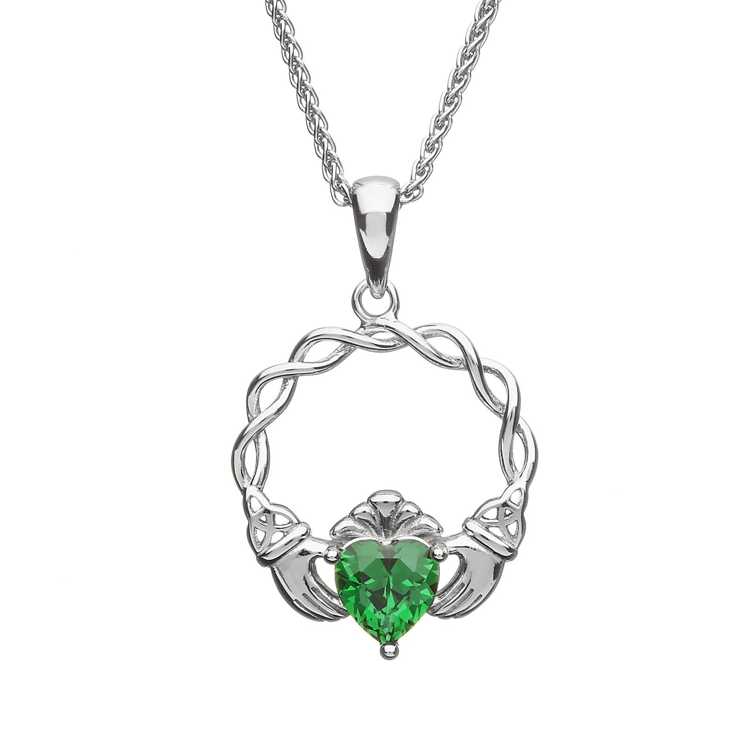 Sterling Silver Claddagh Green CZ Pendant on a 18&quot; Spiga Chain