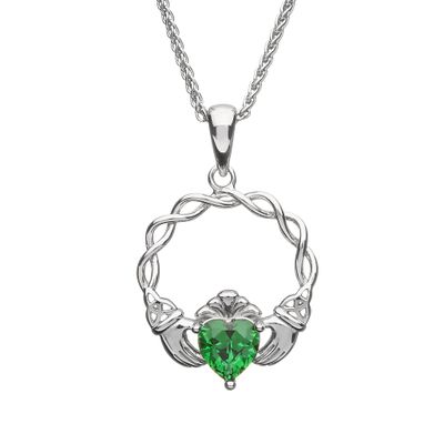 Sterling Silver Claddagh Green CZ Pendant on a 18&quot; Spiga Chain