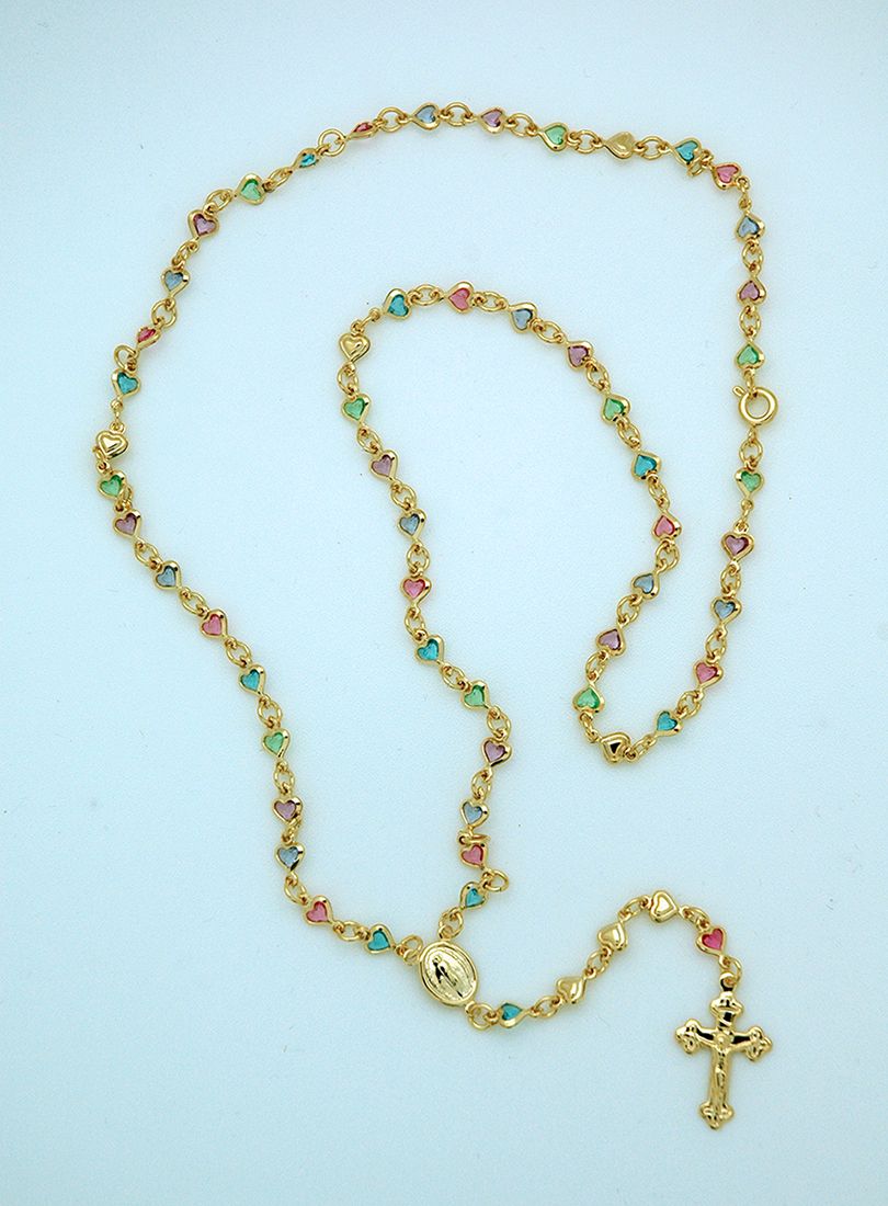 Adult Rosary Necklace, Multi-Colored Crystals, Gold Plated with Miraculous Medal