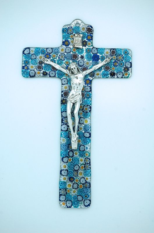 Italian Genuine Murano Glass Crucifix, Blue Flowers, 9 in.
