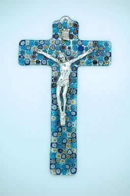Italian Genuine Murano Glass Crucifix, Blue Flowers, 9 in.