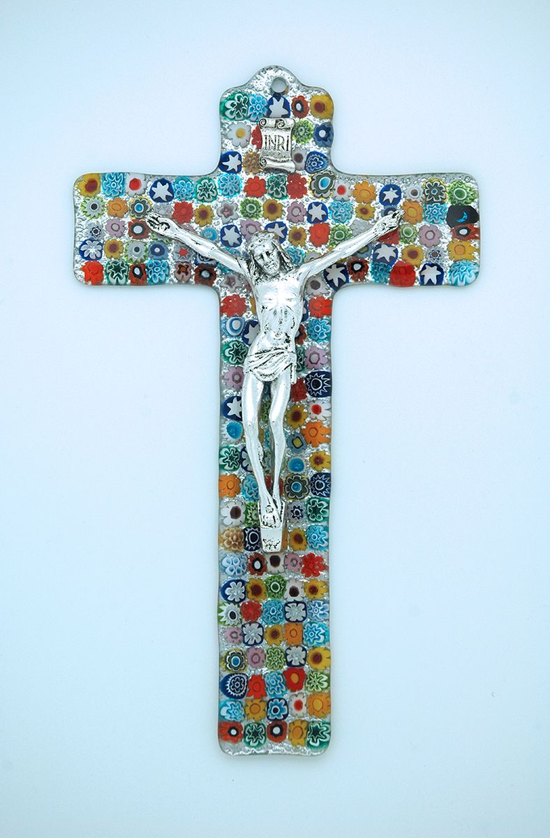 Italian Genuine Murano Glass Crucifix, Multi-Colored Flowers, 9 in.
