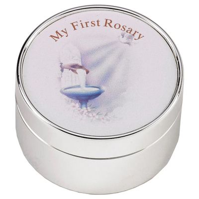 My First Rosary- Pink, Silver-Toned Round Box Disc.