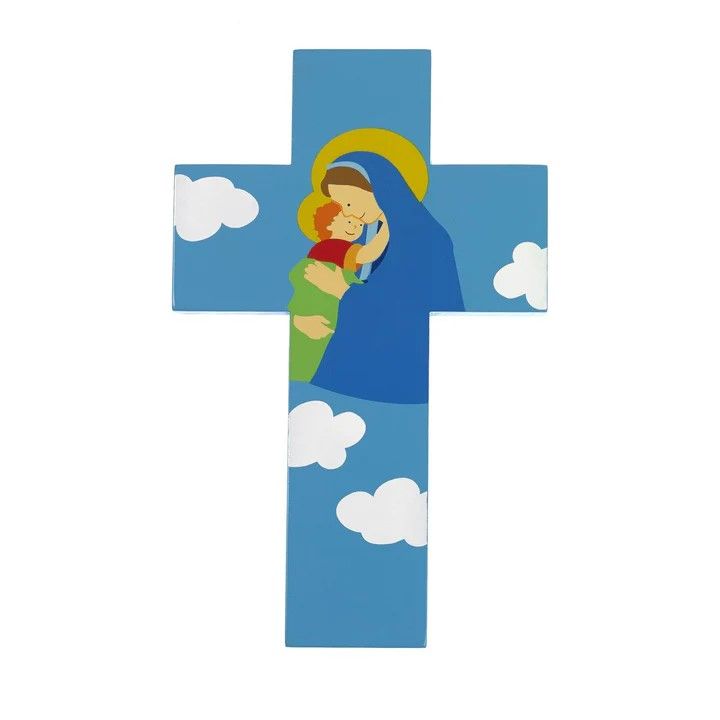 8&quot; Wood Cross Mary with Jesus Blue Disc.
