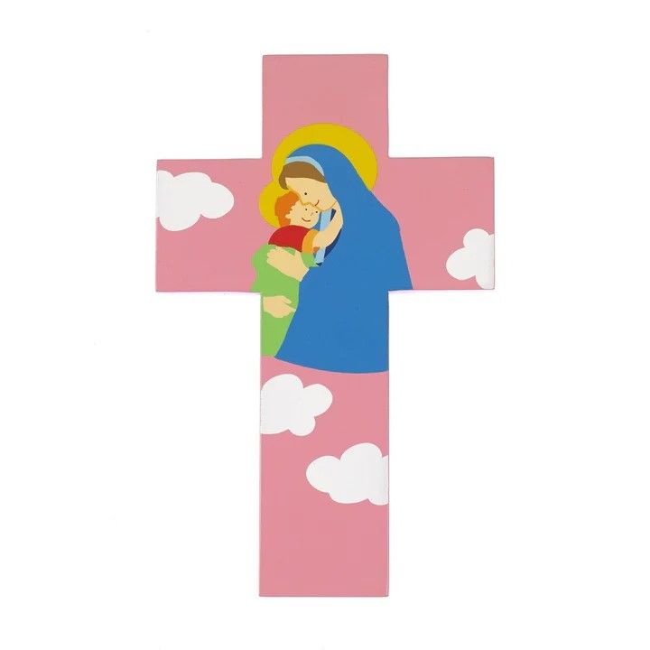 8&quot; Wood Cross Mary with Jesus Pink Disc.