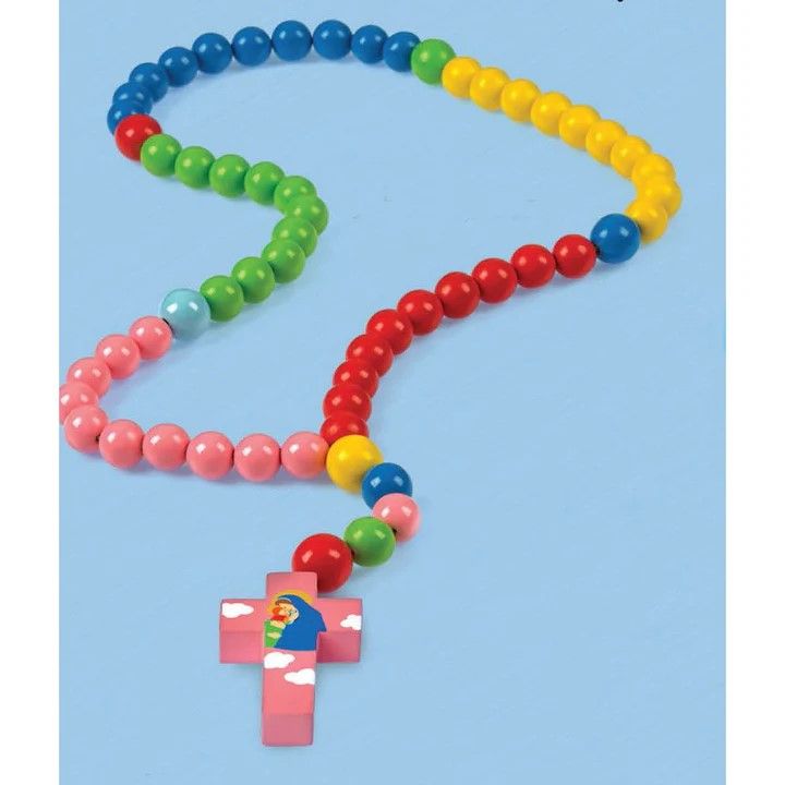 15mm Wood Multicolor Pink Mary with Jesus Cross Baby Rosary