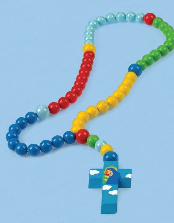 15mm Wood Multicolor Blue Mary with Jesus Cross Baby Rosary