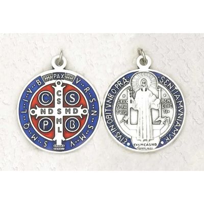 1 1/4&quot; Saint Benedict Silver Tone with Dark Blue/Red Enamel Medal