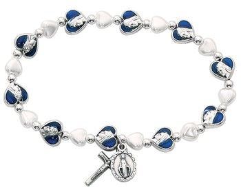 Adult Miraculous Stretch Bracelet with White Pearl Heart and Blue Enamel Heart Beads