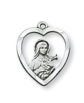 Sterling Silver St. Therese The Little Flower in Heart on a 18&quot; Rhodium Plated Chain