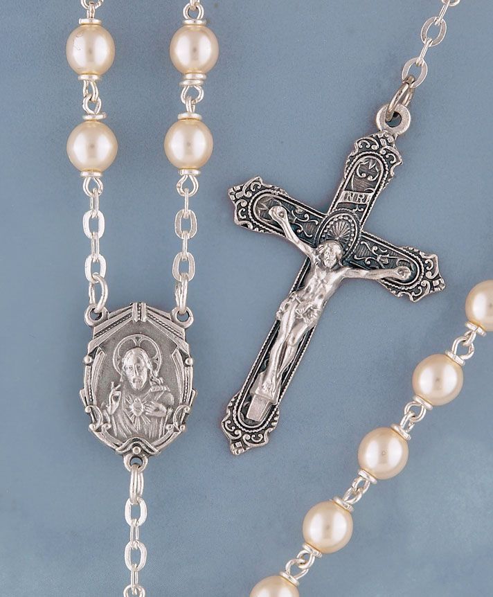 Adult Rosary Glass Silver Plated Pearl 6mm