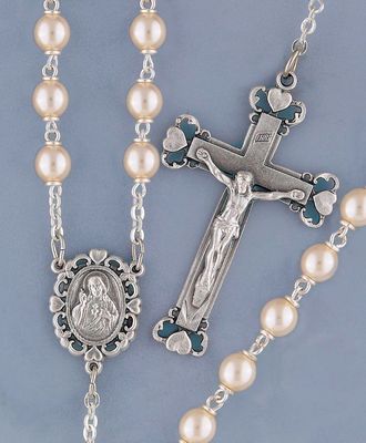 Adult Rosary Glass Silver Plated Pearl