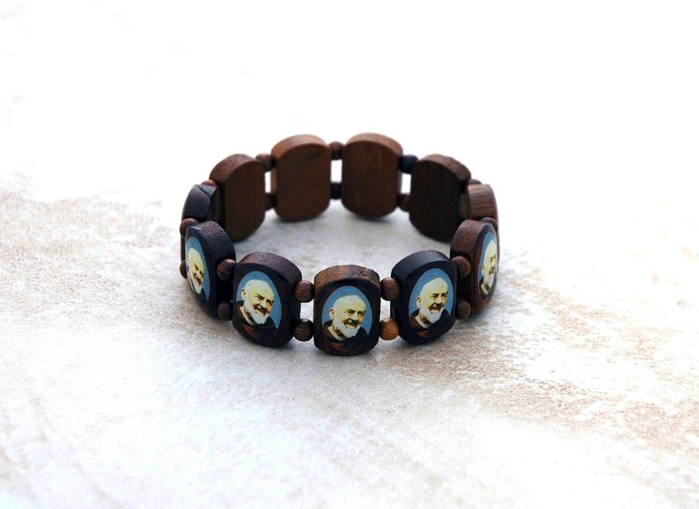 Brazilian Wood Saints Bracelet, Brown, Padre Pio
