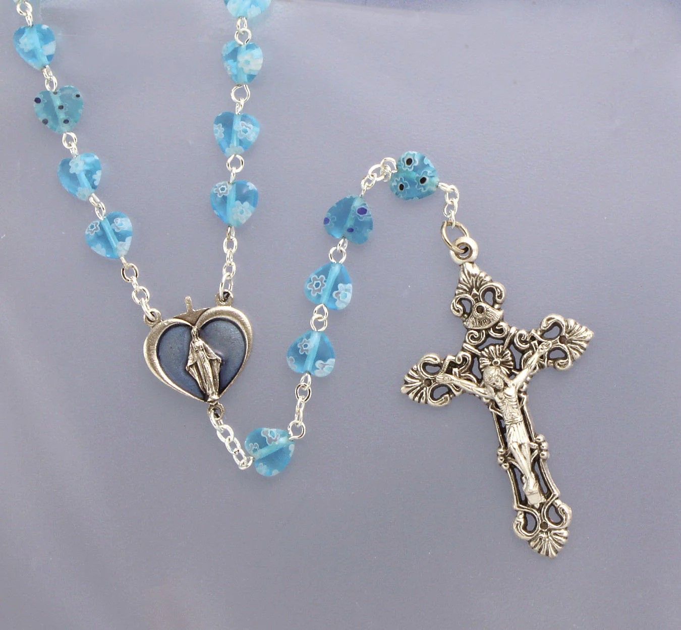 Rosary Murano Style Heart Aqua Beads Disc.