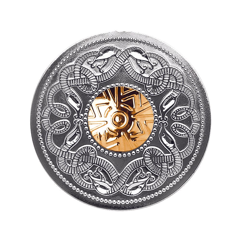 Sterling Silver Celtic Warrior Shield Brooch with an 18kt Gold Bead Disc.