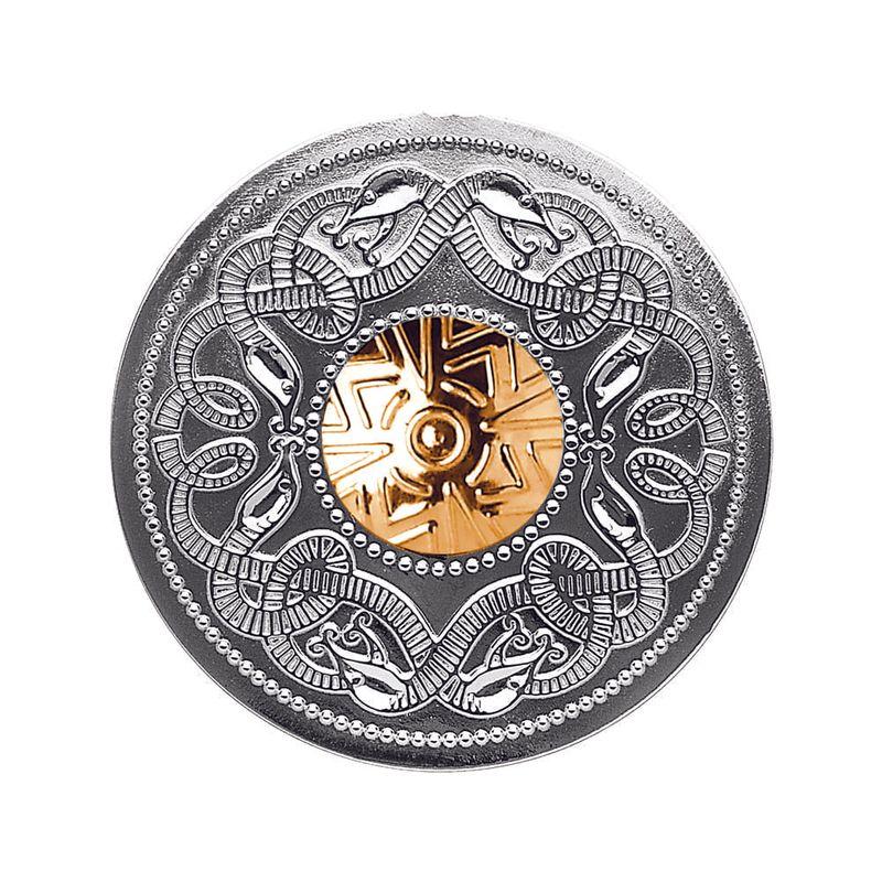 Sterling Silver Celtic Warrior Shield Brooch with an 18kt Gold Bead Disc.